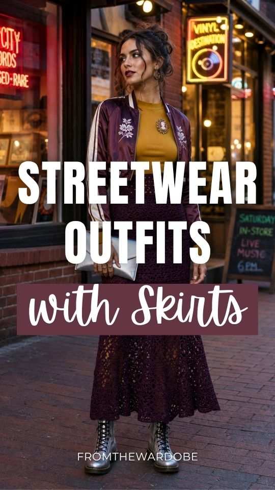 a woman wears a streetwear outfit with a skirt, burgundy embroidered cropped jacket, mustard top, and silver clutch