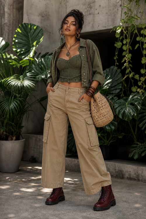 a woman wears an olive cropped jacket with a corset top, cargo pants, combat boots, and a woven bag