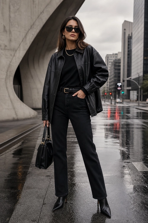 All-Black City Street Style A woman wears a black leather jacket, black top, black jeans, sunglasses, ankle boots, and carries a black handbag on a city street.