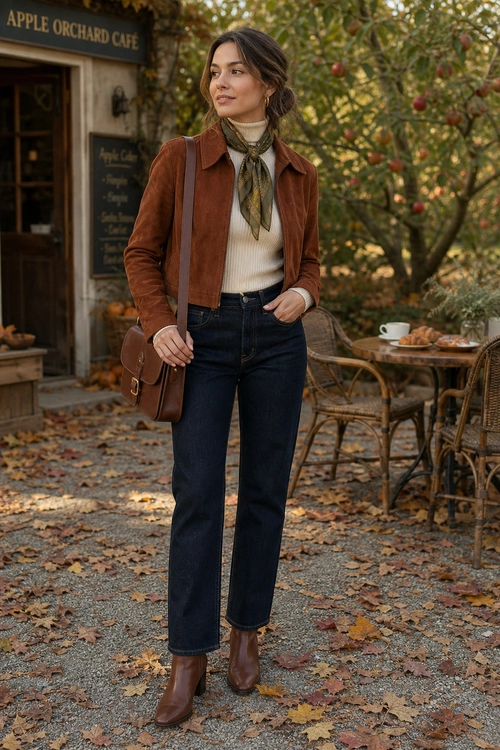 Autumn Cafe Outfit A woman wears a brown cropped jacket, cream turtleneck, patterned neck scarf, dark jeans, brown ankle boots, and a brown crossbody bag outdoors.