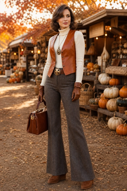 A woman wears a brown leather vest over a cream ribbed turtleneck with gray wide-leg trousers, leather gloves, brown boots, and a structured handbag at an autumn market.