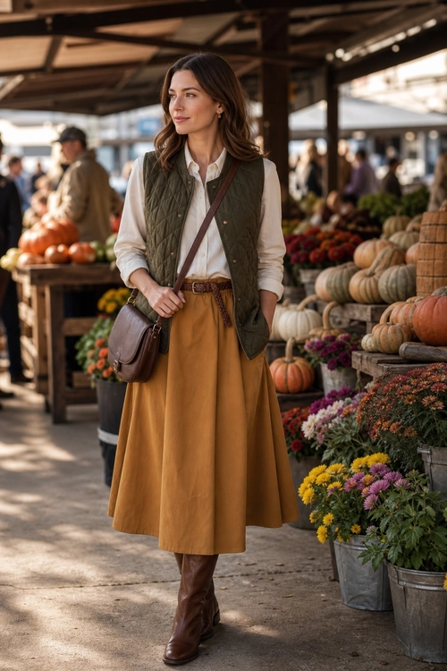 Autumn Market Outfit A woman wears an olive quilted vest over a white button-up shirt with a mustard midi skirt, brown crossbody bag, belt, and boots at an outdoor market.