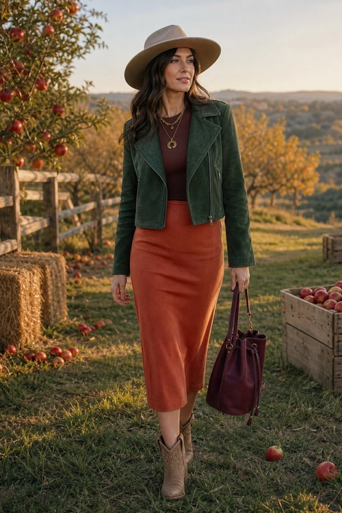 A woman wears a tan wide-brim hat, dark green jacket, burgundy top, rust midi skirt, tan ankle boots, and carries a burgundy handbag in an orchard.