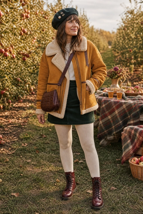 Autumn Orchard Outfit A woman wears a tan shearling jacket, dark beret, cream tights, burgundy lace-up boots, and a brown crossbody bag in an apple orchard.