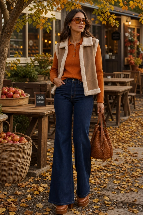 Woman wearing a tan shearling vest over an orange knit top with dark flared jeans, brown platform shoes, sunglasses, and a woven brown handbag.