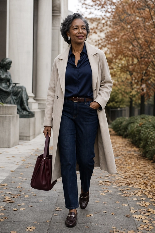 A woman wears a long beige coat over a navy blouse, dark jeans, loafers, and a burgundy handbag.
