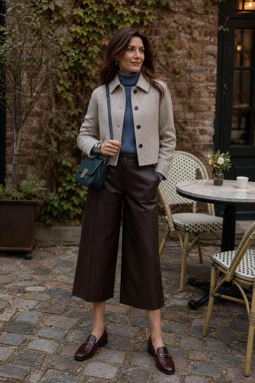 Woman wearing a beige cropped jacket, blue turtleneck, dark brown cropped wide-leg trousers, burgundy loafers, and a dark crossbody bag.