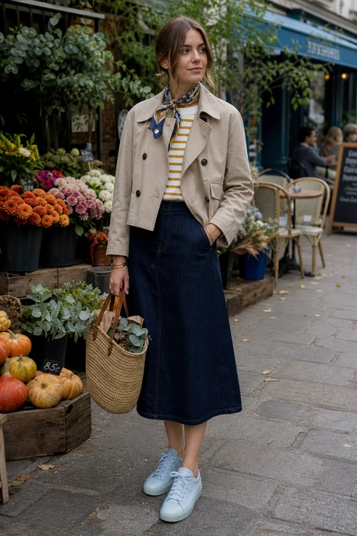 A woman wears a beige cropped jacket with a striped top, dark denim midi skirt, patterned neck scarf, woven tote, and light sneakers.