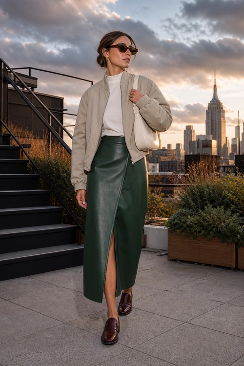 Beige Jacket and Green Leather Skirt Outfit A polished outfit featuring a beige bomber jacket, white high-neck top, dark green leather midi skirt, sunglasses, white shoulder bag, and dark loafers.