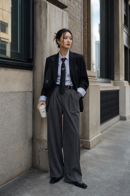 Tailored Black Blazer and Wide-Leg Trousers A person wearing a black blazer, pale blue shirt, black tie, charcoal wide-leg trousers, and black shoes on a city sidewalk.