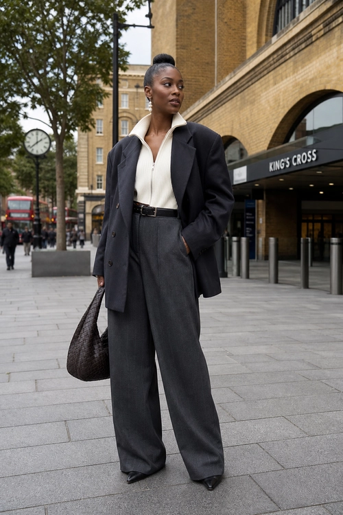 Black Blazer and Wide-Leg Trousers A tailored urban outfit featuring a black blazer, cream zip-neck top, charcoal wide-leg trousers, pointed shoes, and a dark woven bag.