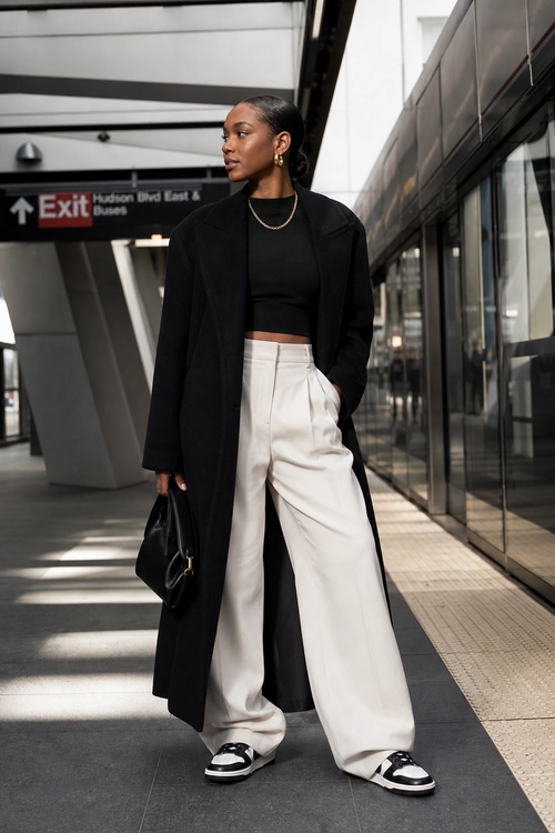 Black Coat and Wide-Leg Trousers A person wears a long black coat over a cropped black top with high-waisted cream wide-leg trousers and black-and-white sneakers.