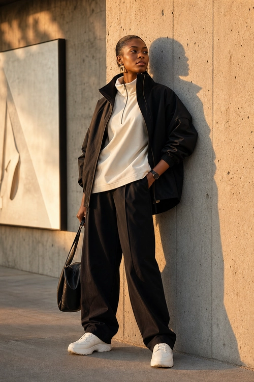 Minimalist Black and Cream Street Style A person wears a black jacket, cream zip-neck top, wide-leg black trousers, and white sneakers while holding a black bag against a sunlit concrete wall.