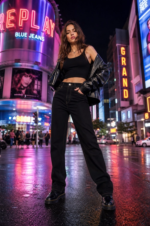 Edgy Black Street Style Outfit A person wears a black cropped tank top, open leather jacket, high-waisted wide-leg jeans, platform boots, and a delicate necklace.