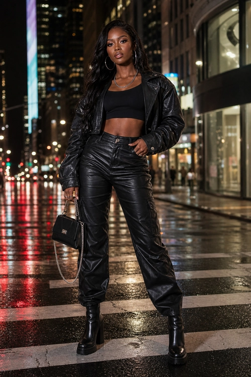 Black Leather City Look A black leather jacket and high-waisted leather pants styled with a black crop top, platform ankle boots, and a chain-strap handbag.