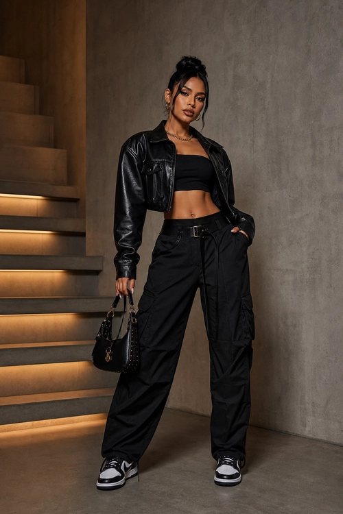 A black leather jacket, cropped top, cargo pants, handbag, and black-and-white sneakers styled in an edgy streetwear outfit.