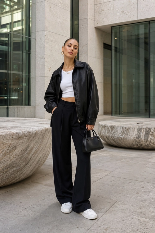Black Leather Jacket and Wide-Leg Trousers A woman wears a black leather jacket over a white cropped top with black wide-leg trousers, white sneakers, and a black handbag.