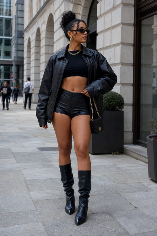 Black Leather Street Style Look A woman wears a black leather jacket, cropped top, leather shorts, slouchy knee-high boots, sunglasses, and a chain-strap shoulder bag.