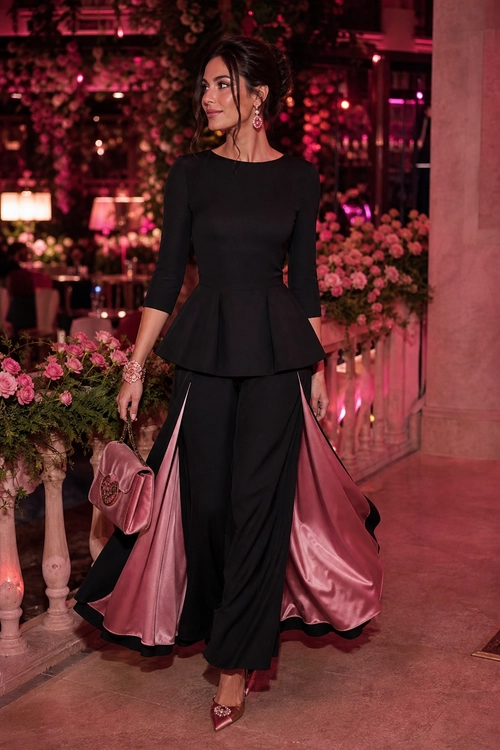 A black long-sleeve peplum top and wide-leg trousers styled with flowing pink satin panels, a pink clutch, drop earrings, and pointed heels.
