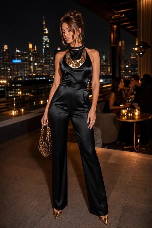 A woman wears a black satin sleeveless jumpsuit with layered gold necklaces, hoop earrings, a chain handbag, and pointed metallic gold heels.