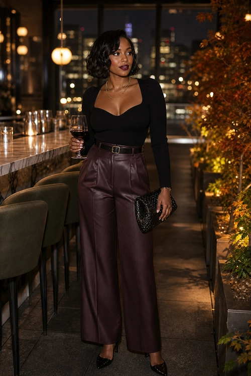 Black Top and Burgundy Trousers A woman wears a black sweetheart-neckline long-sleeve top with burgundy wide-leg trousers, a black belt, black pointed heels, layered necklaces, and a black clutch.