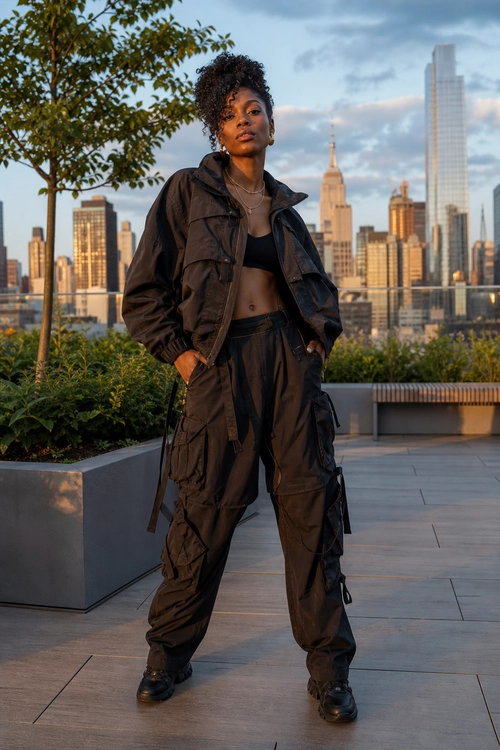 Black Utility Streetwear Outfit A person wears a dark utility jacket, cropped black top, cargo pants, boots, and a layered necklace.