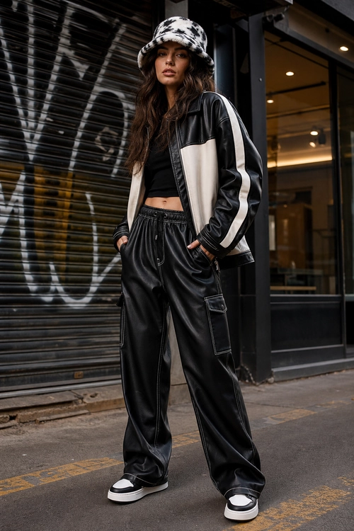 A black and white streetwear outfit featuring a patterned bucket hat, cropped top, panelled jacket, cargo pants, and platform sneakers.