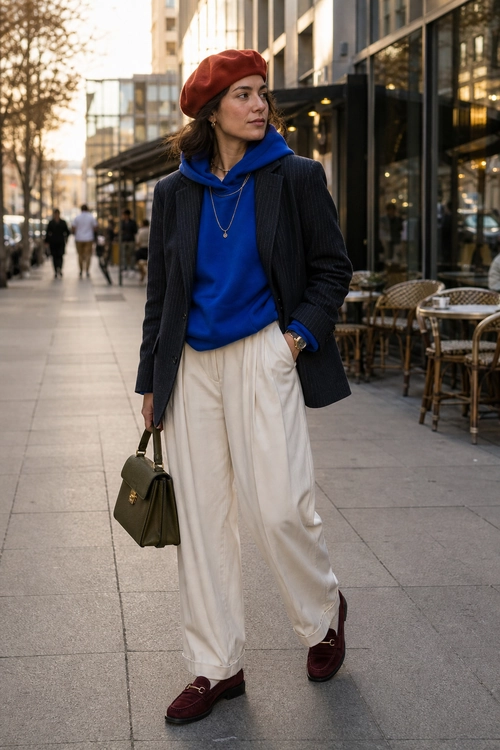 A city outfit featuring a navy pinstripe blazer over a blue hoodie, cream wide-leg trousers, burgundy loafers, a red beret, and an olive handbag.