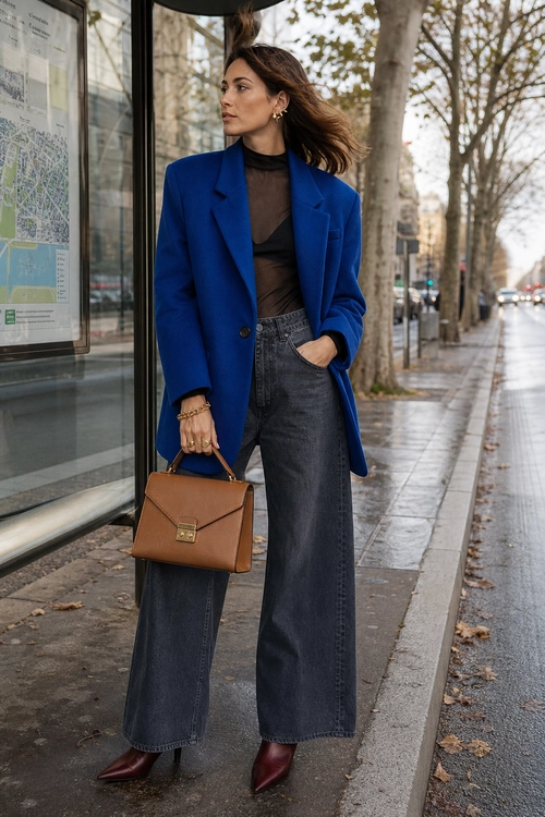 A woman wears a vivid blue blazer over a black sheer top with charcoal wide-leg jeans, burgundy pointed boots, and a structured brown handbag.