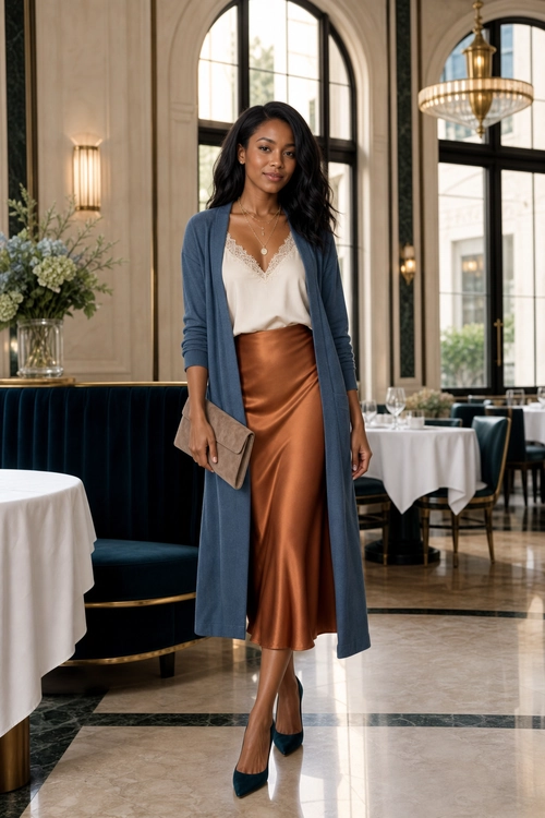 A woman wears a long blue cardigan over an ivory lace camisole with a copper satin midi skirt, clutch, and pointed heels.