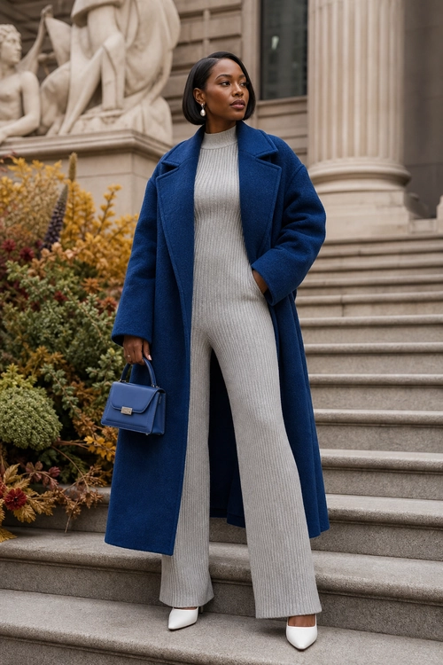 Blue Coat and Ribbed Knit Outfit A woman wears a long cobalt blue coat over a light gray ribbed knit outfit with white pointed-toe shoes and carries a structured blue handbag.