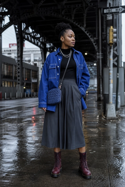 Blue Denim Jacket and Pleated Skirt Outfit A woman wears a blue denim jacket over a black top with a gray pleated midi skirt, burgundy lace-up boots, and a quilted crossbody bag.