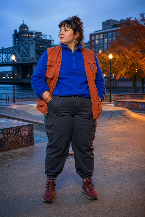 Blue Fleece and Utility Vest Outfit A person wears a bright blue quarter-zip fleece, rust utility vest, black cargo pants, and burgundy lace-up boots outdoors.