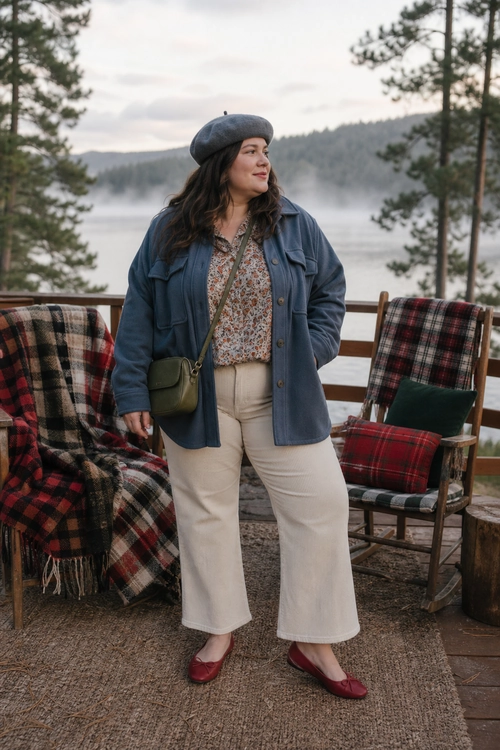 A woman wears a gray beret, blue overshirt, floral blouse, cream wide-leg trousers, olive crossbody bag, and burgundy flats by a lakeside deck.