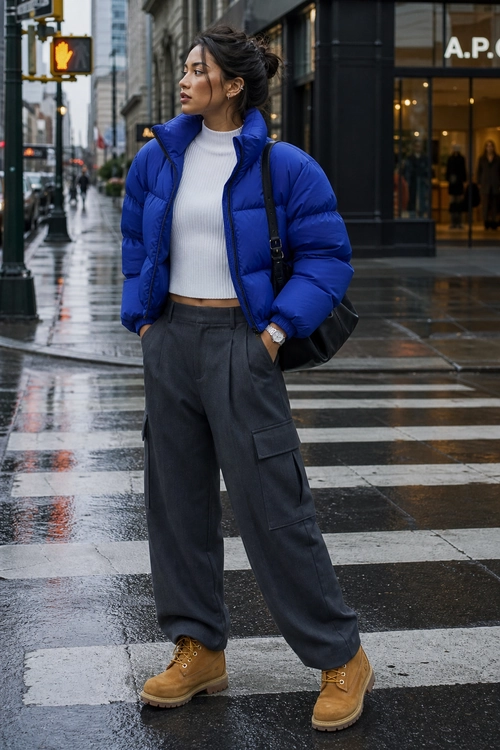 Blue Puffer Jacket and Cargo Pants Outfit Street style outfit featuring a bright blue puffer jacket, white ribbed top, charcoal cargo pants, tan lace-up boots, and a black shoulder bag.
