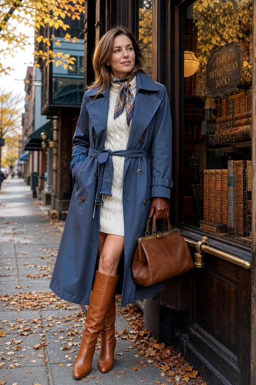 Blue Trench and Knit Dress Woman wearing a blue belted trench coat over a cream cable-knit dress with brown knee-high boots, leather gloves, a patterned scarf, and a brown handbag.