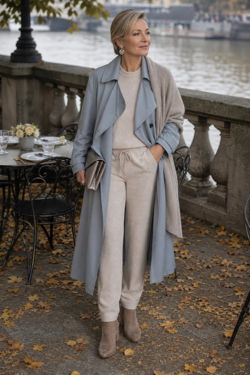 Soft Neutrals with a Blue Trench Woman wearing a light blue trench coat over a beige knit top and drawstring pants with taupe ankle boots and a metallic clutch.