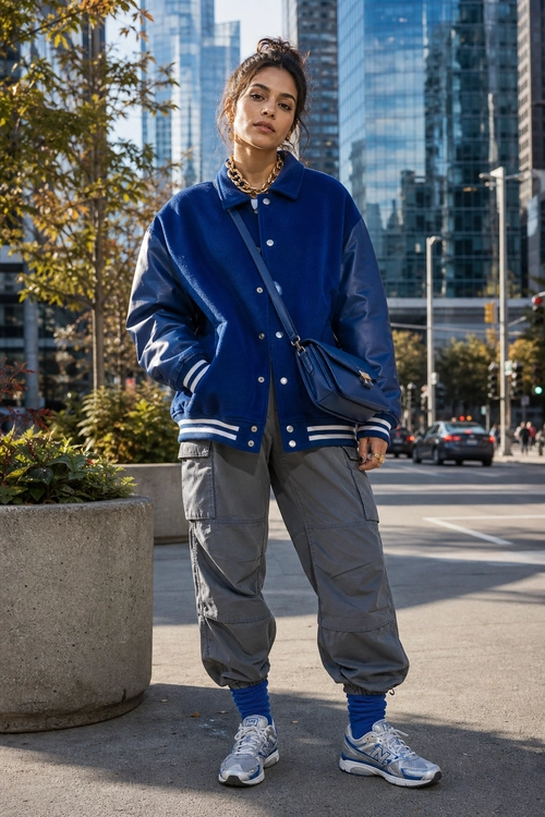 Blue Varsity Jacket and Gray Cargo Pants Streetwear outfit featuring a blue varsity jacket, gray cargo pants, blue socks, gray sneakers, a black crossbody bag, and layered gold necklaces.