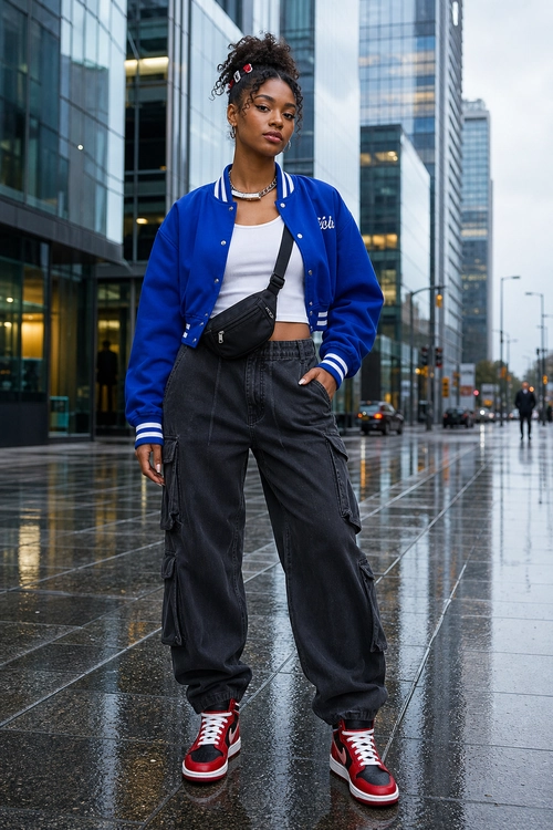 Blue Varsity Jacket Streetwear Outfit A streetwear outfit featuring a blue varsity jacket, white cropped top, black cargo pants, black crossbody bag, and red high-top sneakers.