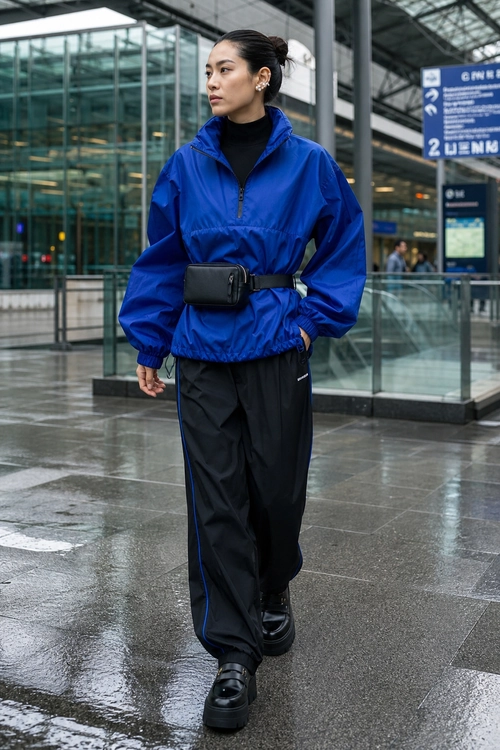 Blue Windbreaker and Black Track Pants A woman wears a royal blue zip-neck windbreaker with black track pants, a black belt bag, and black platform sneakers.