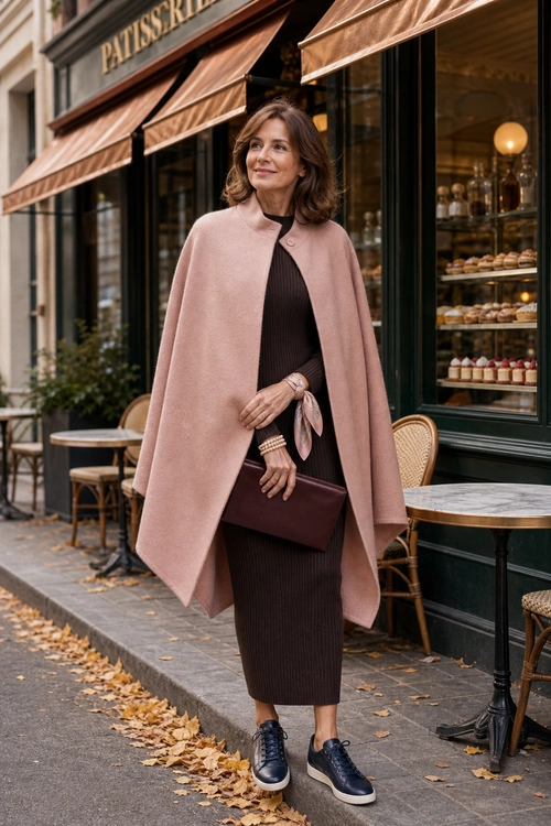 Woman wearing a blush pink cape over a dark brown ribbed midi dress with sneakers and a burgundy clutch outside a patisserie.