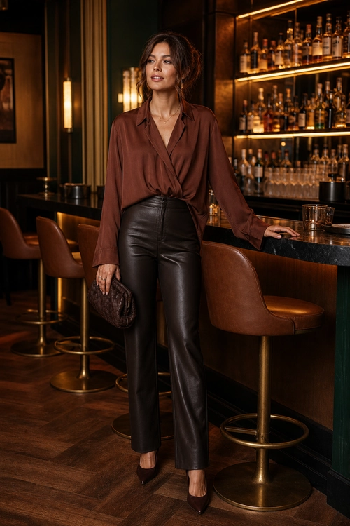 Brown Blouse and Leather Pants Woman wearing a brown long-sleeve blouse with dark leather pants, pointed heels, and a clutch at a bar.