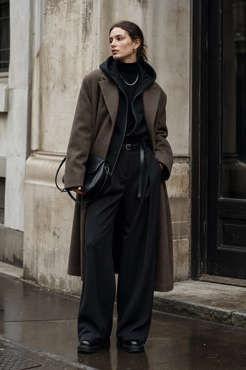 Brown Coat and Black Wide-Leg Outfit A woman wears a long brown coat over black layers with wide-leg trousers, platform shoes, and a black shoulder bag.