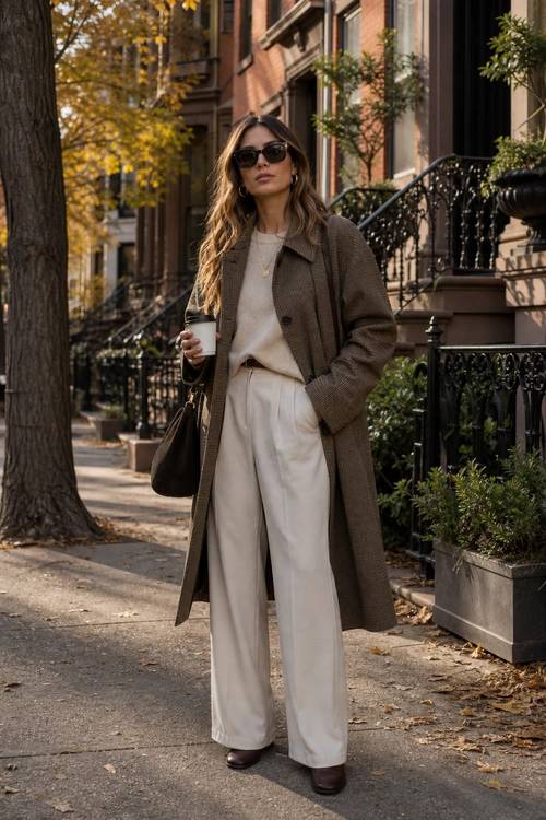 Brown Coat with Cream Wide-Leg Trousers Woman wearing a long brown coat over a cream sweater and cream wide-leg trousers with dark brown boots, sunglasses, and a shoulder bag.