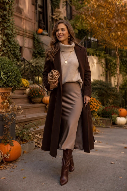 Elegant Brown Coat and Satin Skirt Outfit A woman wears a long brown coat over a beige turtleneck sweater and taupe satin midi skirt with brown knee-high boots.