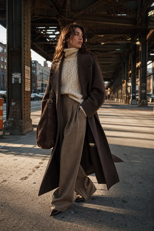 A woman wears a long dark brown coat over a cream cable-knit turtleneck and taupe wide-leg trousers with a large brown shoulder bag.