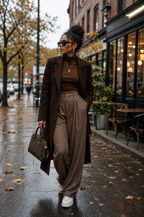 Brown Coat and Wide-Leg Trousers A person wears a long brown coat, brown turtleneck, taupe wide-leg trousers, white sneakers, sunglasses, and carries a patterned handbag on a wet city sidewalk.