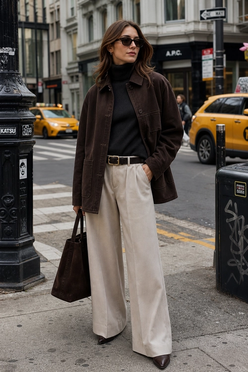 A woman wears a dark brown jacket over a black turtleneck with cream wide-leg trousers, a brown belt, sunglasses, and a matching tote bag.