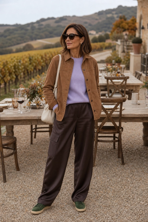 A woman wears a brown jacket over a lavender sweater with dark wide-leg pants, green sneakers, sunglasses, and a cream shoulder bag.