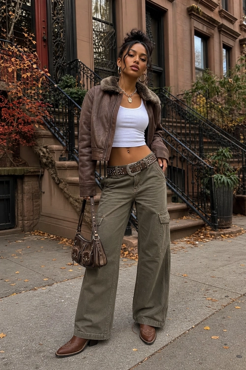 A woman wears a brown shearling-collar jacket over a white cropped tank top with olive cargo pants, a studded belt, brown boots, and a shoulder bag.